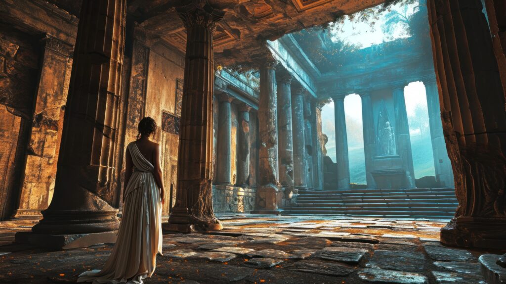 Female model as a Greek oracle in an ancient temple, mysticism and antiquity.